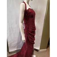 BARLINA BURGUNDY HIGH NECK PUFF SLEEVE GOWN WITH ATTACHED BOW TRAIN SIZE 6