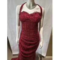 BARLINA BURGUNDY HIGH NECK PUFF SLEEVE GOWN WITH ATTACHED BOW TRAIN SIZE 6