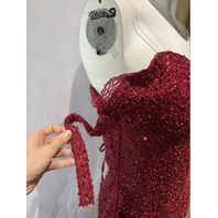 BARLINA BURGUNDY HIGH NECK PUFF SLEEVE GOWN WITH ATTACHED BOW TRAIN SIZE 6