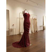 BARLINA BURGUNDY HIGH NECK PUFF SLEEVE GOWN WITH ATTACHED BOW TRAIN SIZE 6