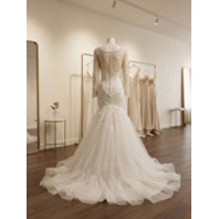 BEPEITHY 3 QUATER LENGTH SLEEVE DROP WAIST BEAD EMBELLISHED WEDDING GOWN SIZE 8