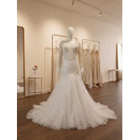 BEPEITHY 3 QUATER LENGTH SLEEVE DROP WAIST BEAD EMBELLISHED WEDDING GOWN SIZE 8