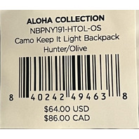 ALOHA COLLECTION NBPNY191-HTOL-OS CAMO KEEP IT LIGHT HUNTER/OLIVE BACKPACK
