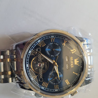 OLEVS 6607G MENS SILVER GOLD & BLUE STAINLESS STEEL AUTOMATIC MECHANICAL WATCH