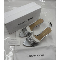 VERONICA BEARD TIA RAFFIA LATTICE LEATHER 2.5" HEEL SANDAL J9351S1020 9.5 SILVER