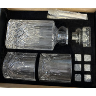 TINANA WHISKEY DECANTER SET PATTERNED CRYSTAL GLASSES WITH CLIPS AND ICE MOLD