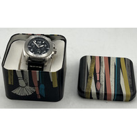 FOSSIL - "ARTIS BRUSHES" TIN -  SILVER FACE BLACK LEATHER BAND WATCH  FS4928