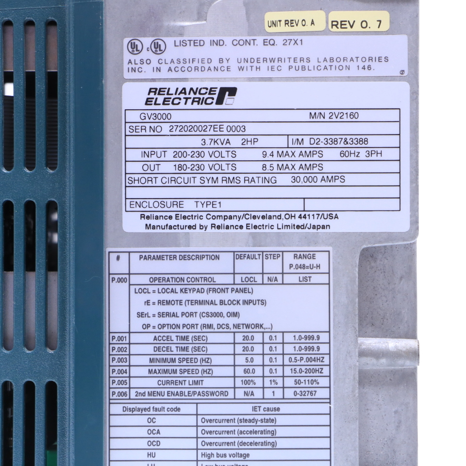 * RELIANCE ELECTRIC GV3000/SE 2V2160 AC DRIVE 2HP 3.7 KVA Premier Equipment Solutions, Inc.