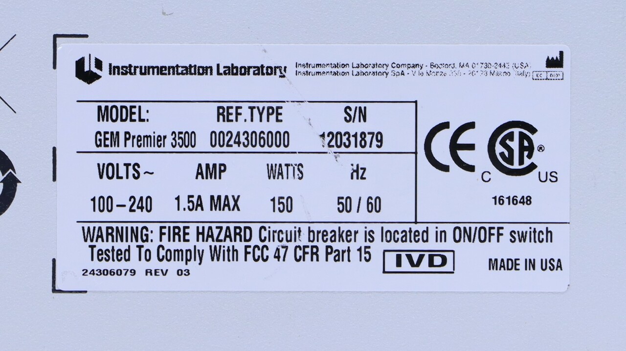 * INSTRUMENTATION LABORATORY GEM PREMIER 3500 BLOOD GAS ANALYZER
