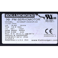  KOLLMORGEN AKM62P-ASSNR-03 SERVO MOTOR AKM SERIES 8000 RPM