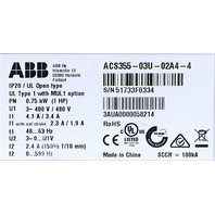 ABB ACS355-03U-02A4-4 1 HP DRIVE NO KEYPAD