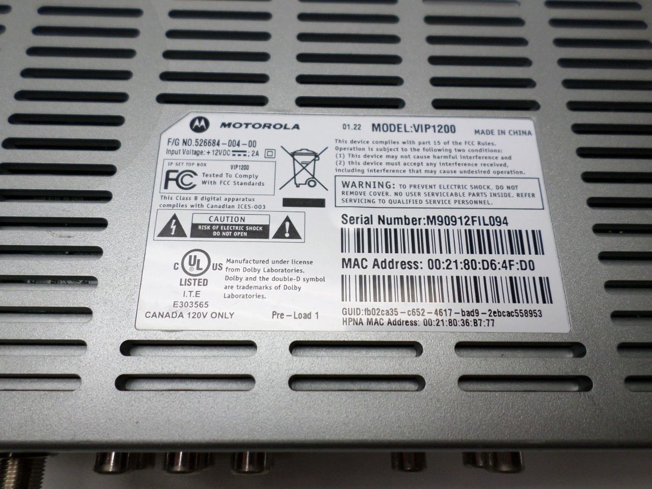 AT&T U-Verse DVR Recording Cable TV Motorola Model VIP1200 VIP-1200 VIP ...