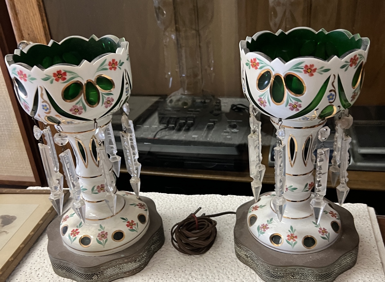 Antique Mantle Lustres Lamps Pr Cut to Clear Crystal Prisms Green