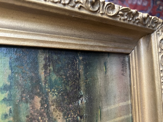 Antique 1819 Oil Painting Hawaii Tropical Palm Trees River