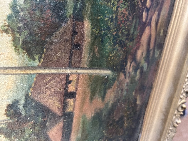 Antique 1819 Oil Painting Hawaii Tropical Palm Trees River