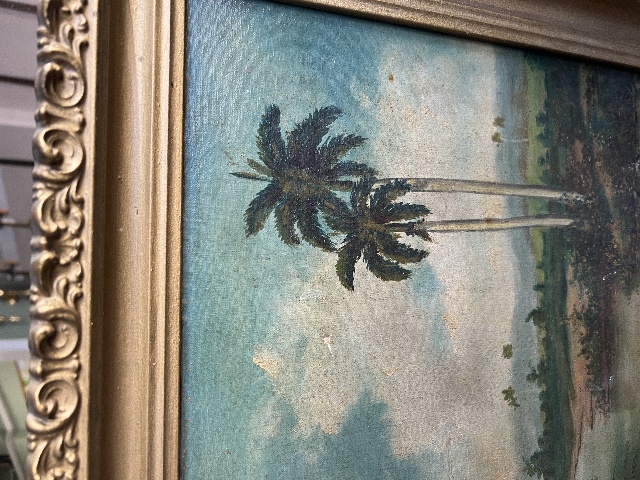Antique 1819 Oil Painting Hawaii Tropical Palm Trees River