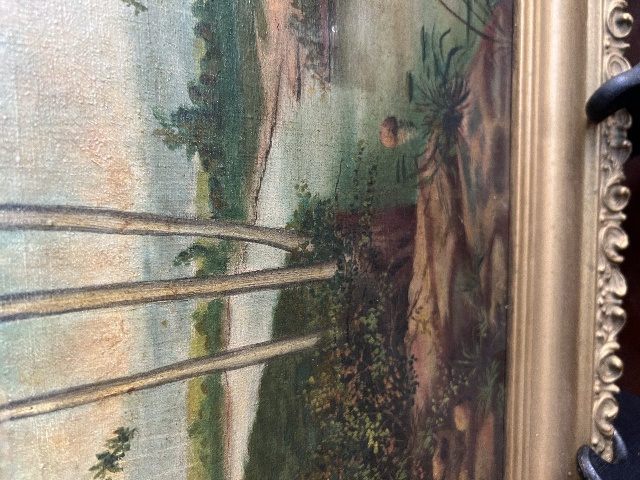 Antique 1819 Oil Painting Hawaii Tropical Palm Trees River