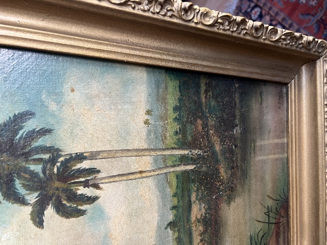 Antique 1819 Oil Painting Hawaii Tropical Palm Trees River