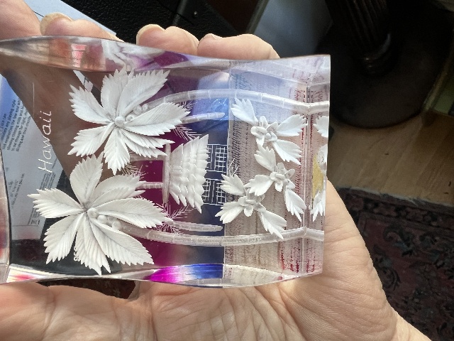 VTG Hawaii Mid-Century Scene Reverse Carved Lucite Palm