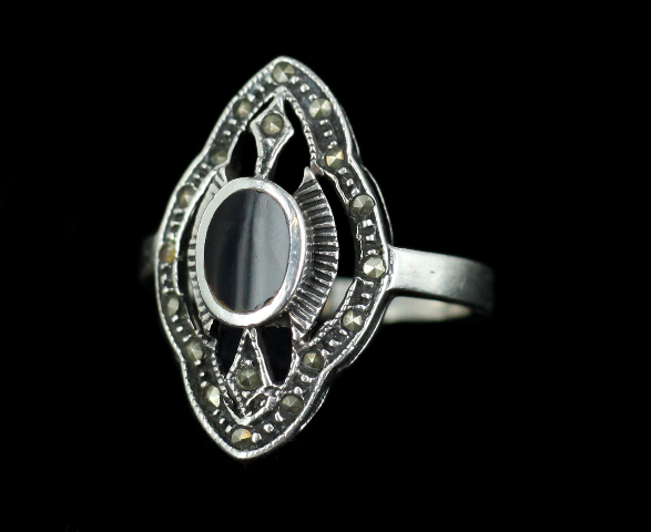 Vintage Sterling Silver Art Deco Black Onyx Marcasite Ring 6 5 Ebay