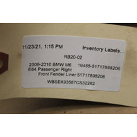 2006-2010 BMW M6 E64 Right Front Fender Liner 7898206 OEM