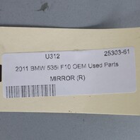 11-12 BMW 528i 535i 550i Right Door Mirror 51167283623 Black OEM Used
