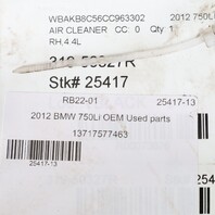 2009-2012 BMW 750i N63 Right Air Cleaner Filter Box 13717577463 OEM Used