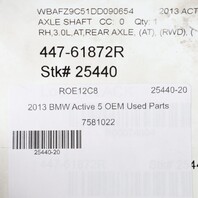2012-2016 BMW Active 5 Right Rear Axle Shaft CV Joint 33207581022 OEM Used