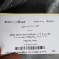 2000-2004 Porsche Boxster 2.7 5 Speed Transmission 98630001005 OEM