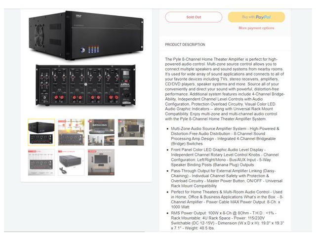 Pyle PT8000CH 8 Channel Home Theatre Amplifier
