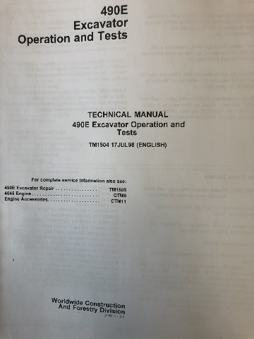 John Deere 490E Excavator Operation and Test Manual JD TM1504 Technical Book service