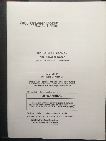 John Deere 700J Crawler Dozer Early Serial Number JD OMT211725 Book