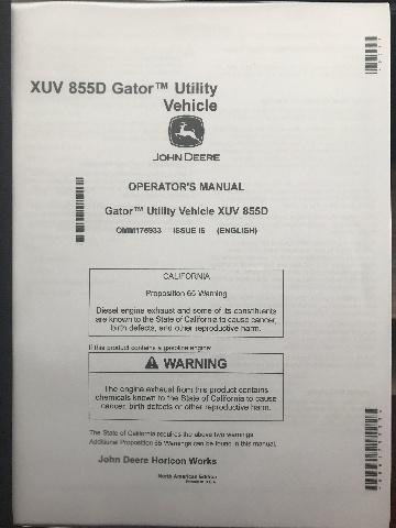 John Deere XUV 855D Gator Utility Vehicle Operators Manual JD OMM175933 Book