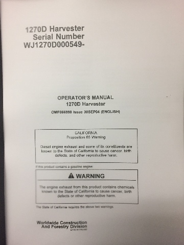 Timberjack 1270D Harvester Operators Manual OMF066998 (Check Serial Number)