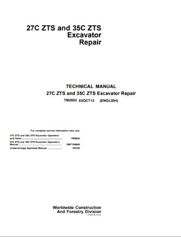 John Deere 27C ZTS 35C ZTS Excavator Repair Manual JD TM2053 Service Book