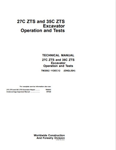 John Deere 27C ZTS 35C ZTS Excavator Technical Manual JD TM2052 Operation and Test Book