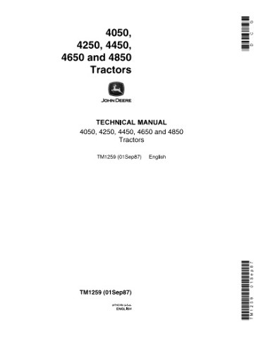 John Deere 4050 4250 4450 4650 4850 Tractors Technical Operation and Test Manual JD TM1259 Book