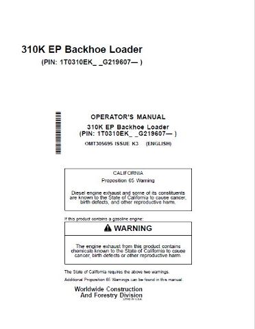 John Deere 310K EP Backhoe Loader Operators Manual JD OMT305695 Operation Book