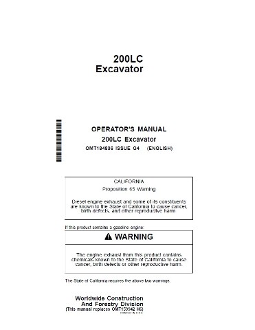 OMT184836  200LC Excavator Operator Manual