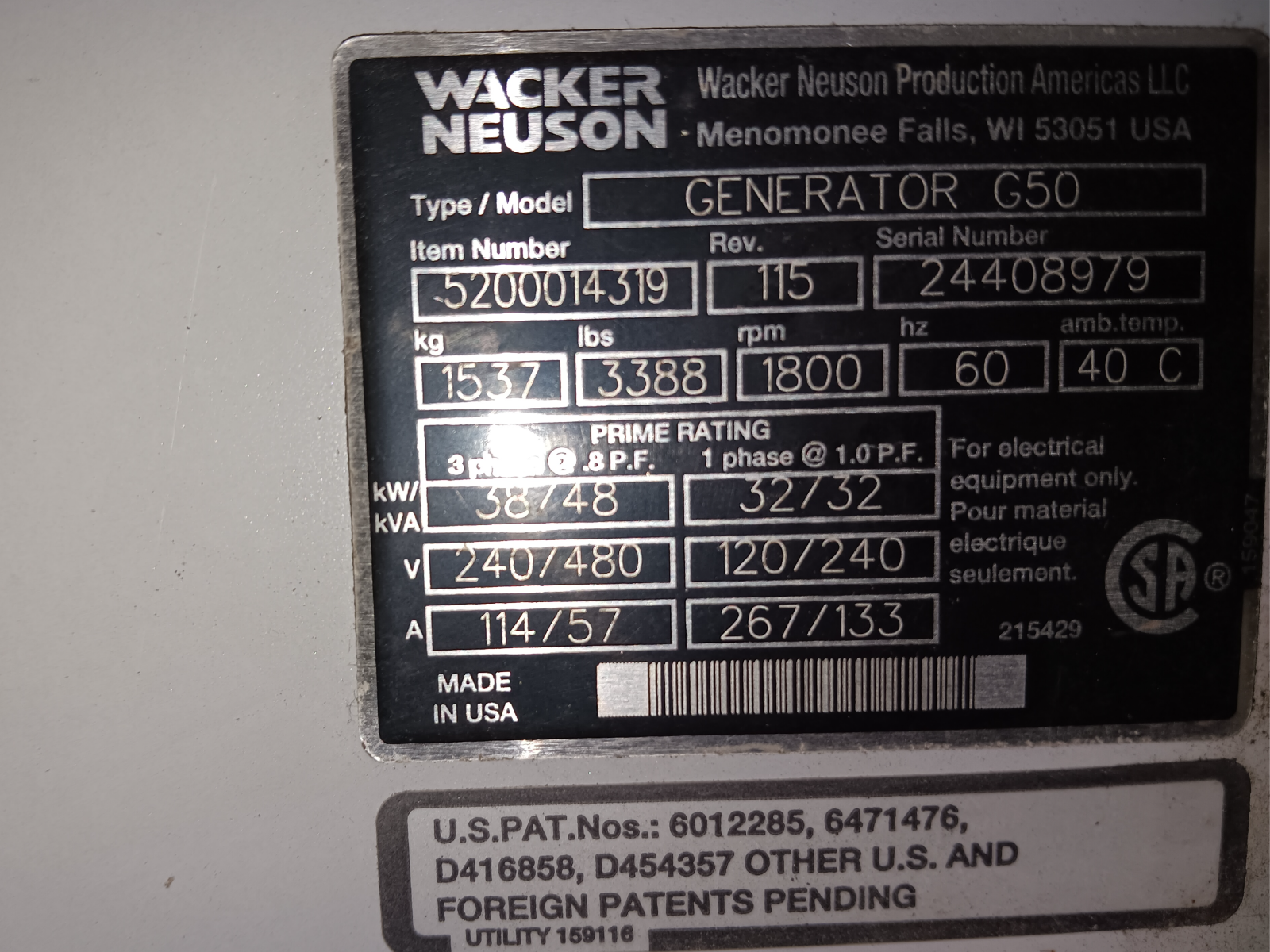 Used Wacker Neuson Generator G50
