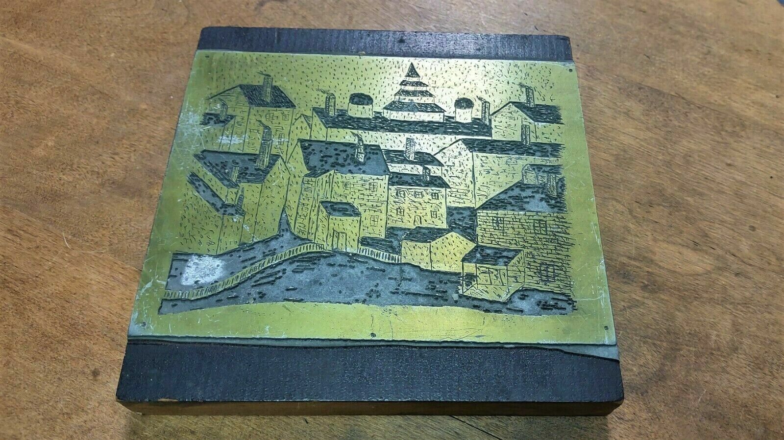 Vintage Wood & Metal Printing Plate Block Unknown Town City Scene Houses Heroes Sports Cards