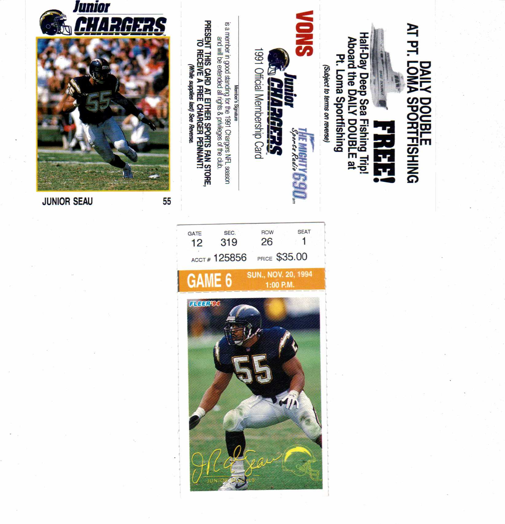 Junior Seau 1991 Junior Chargers Card & 1994 Game 6 Ticket Fleer & 2