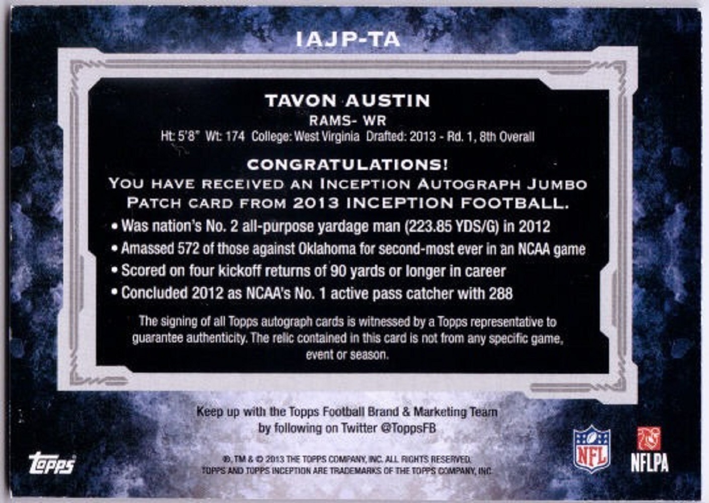 TAVON AUSTIN 2013 Topps Inception Rookie Jumbo Jersey Patch Auto Yellow /25  Card | Heroes Sports Cards