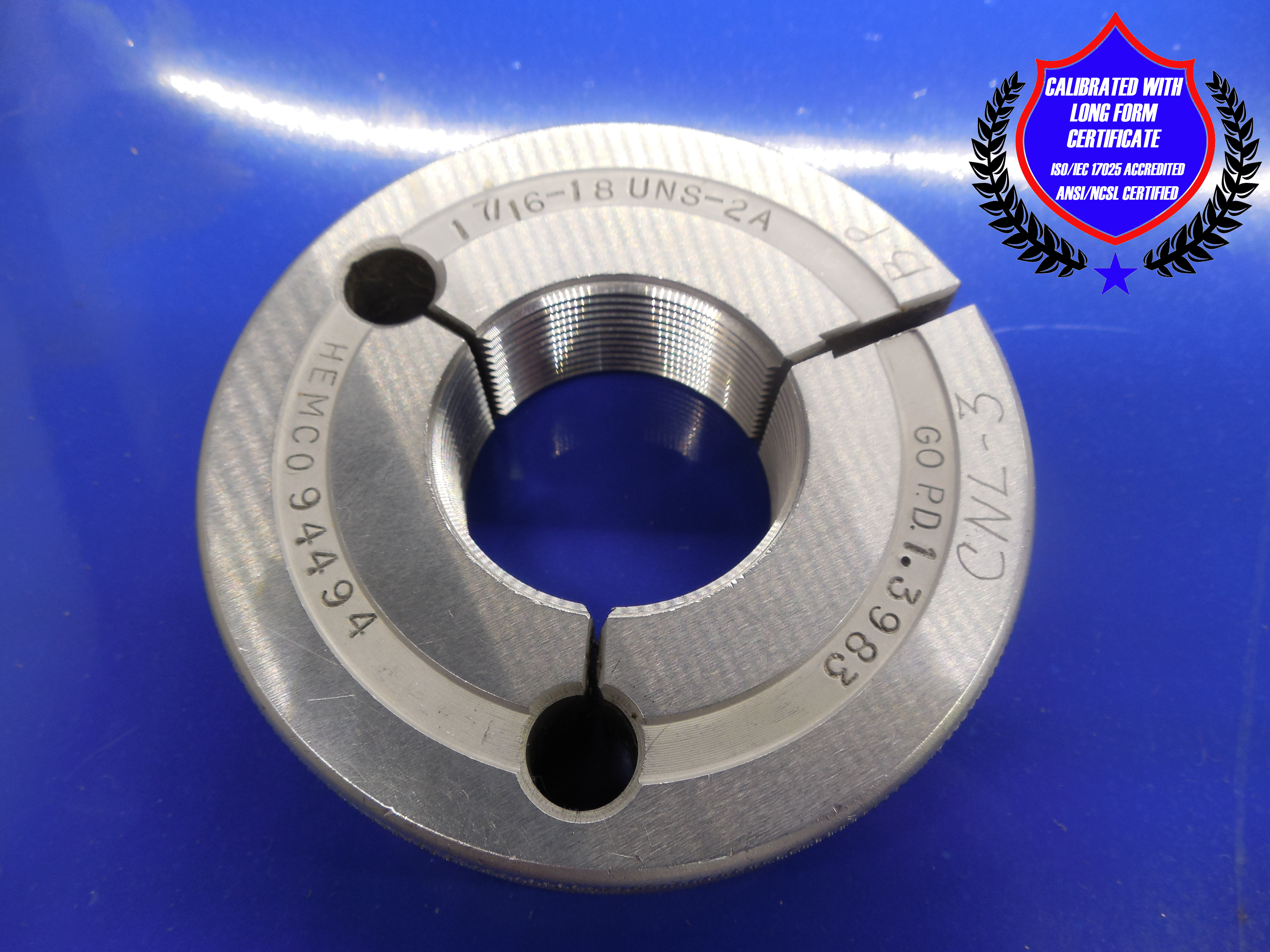 CERTIFIED CALIBRATED 1 7/16 18 UNS 2A B/P THREAD RING GAGE 1.4375 GO PD