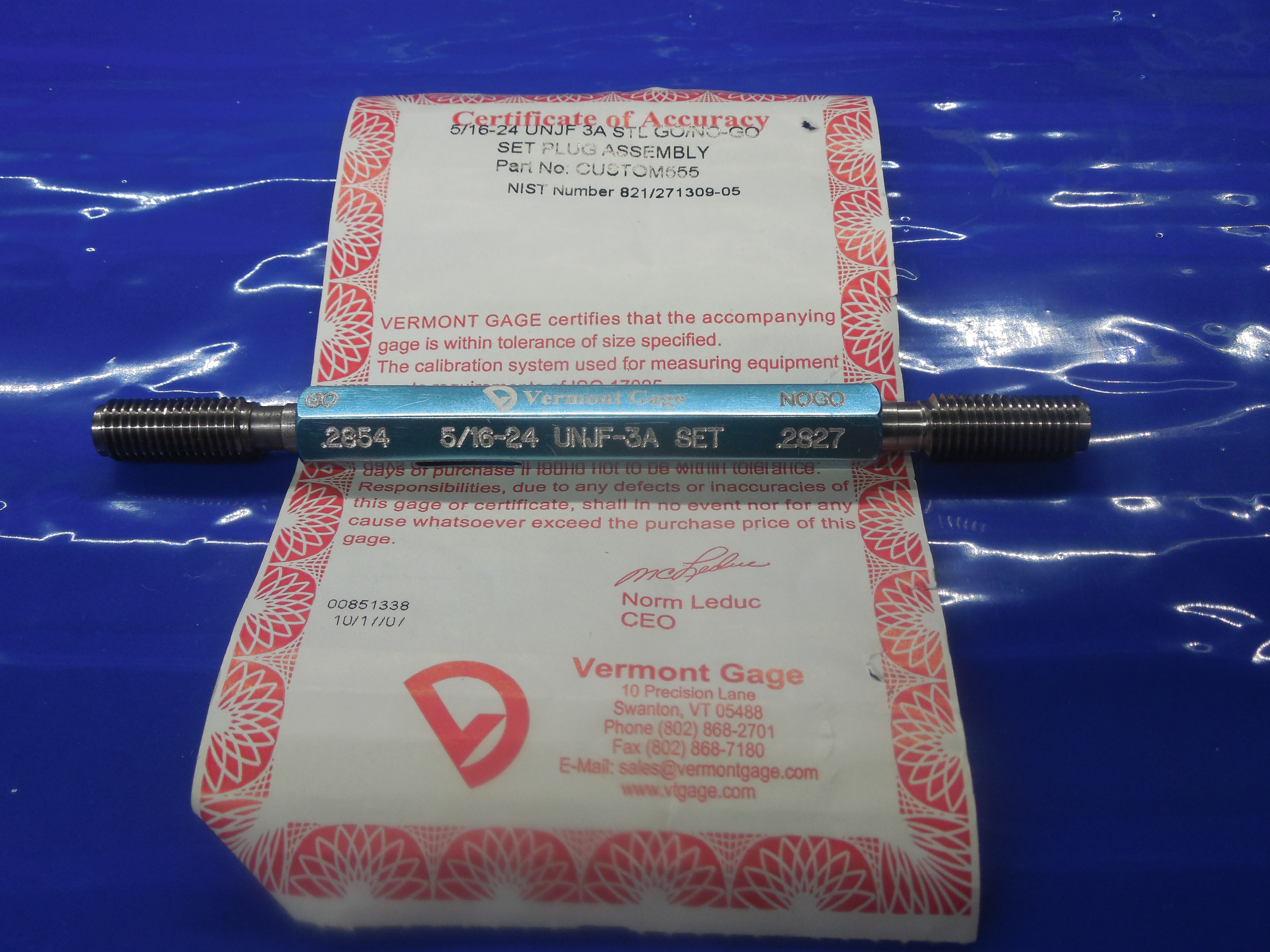 5/16 24 UNJF 3A SET THREAD PLUG GAGE .3125 GO NO GO P.D.'S = .2854