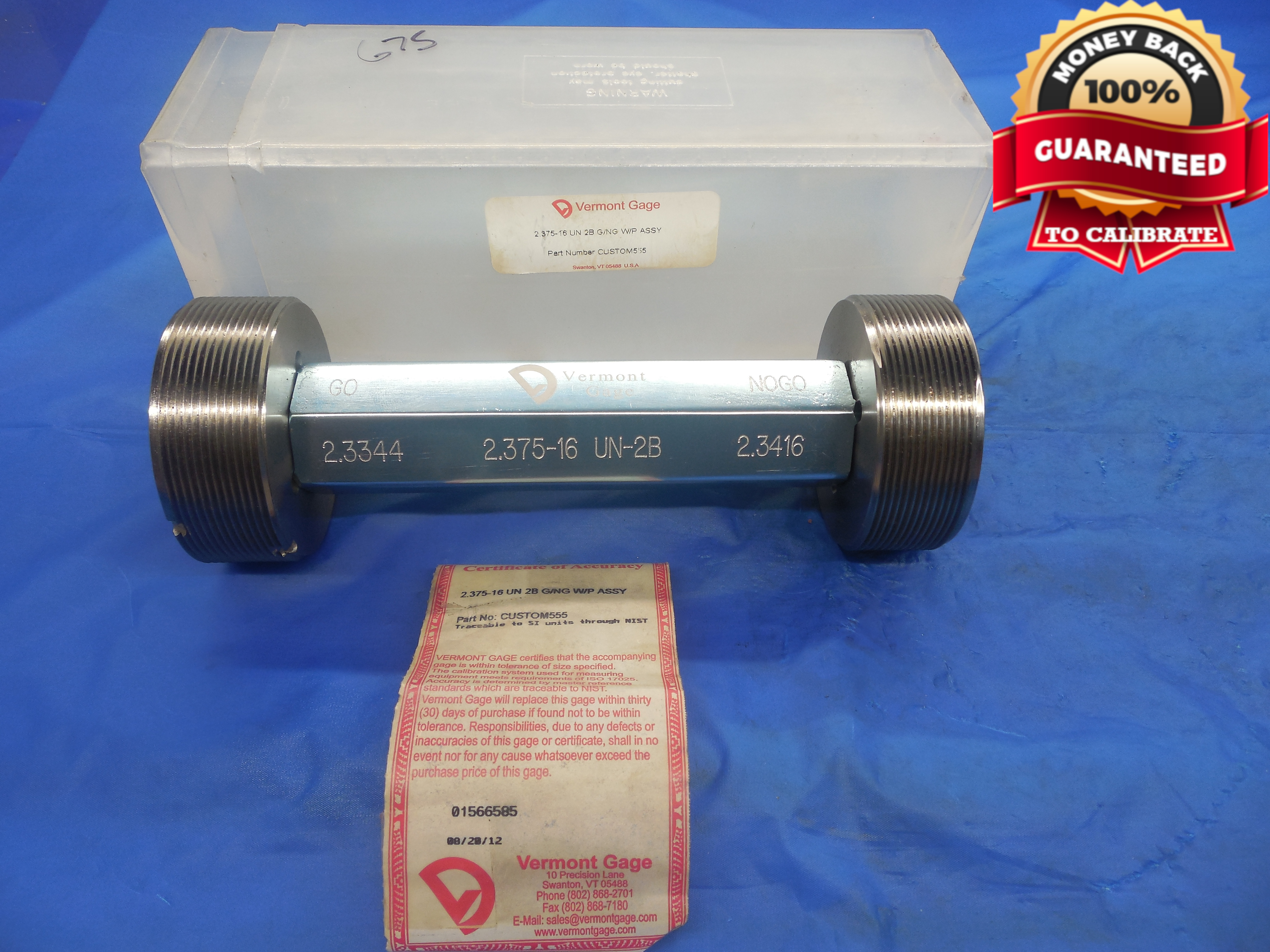 2 3 8 16 UN 2B VERMONT THREAD PLUG GAGE 2 375 GO NO GO P D S 2 3344