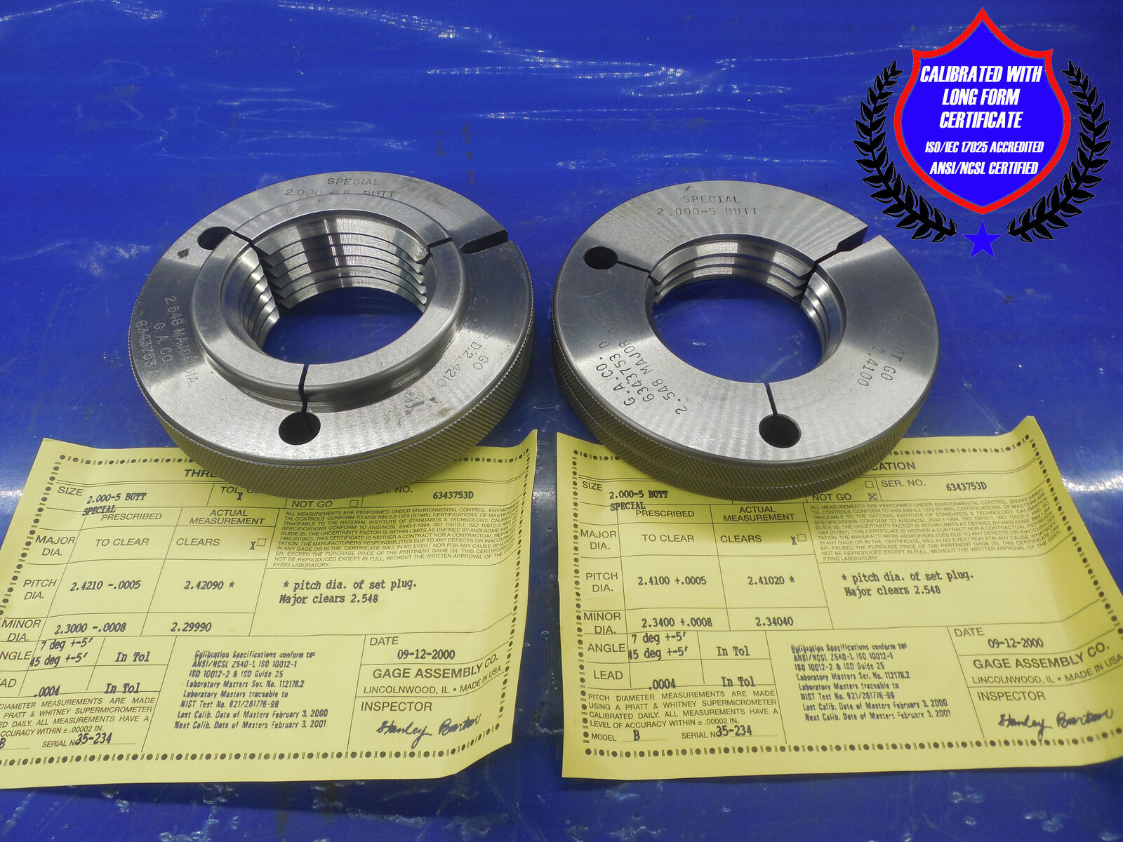2" 5 SPECIAL BUTTRESS THREAD RING GAGES 2.0 GO NO GO PDS = 2.4210 & 2.