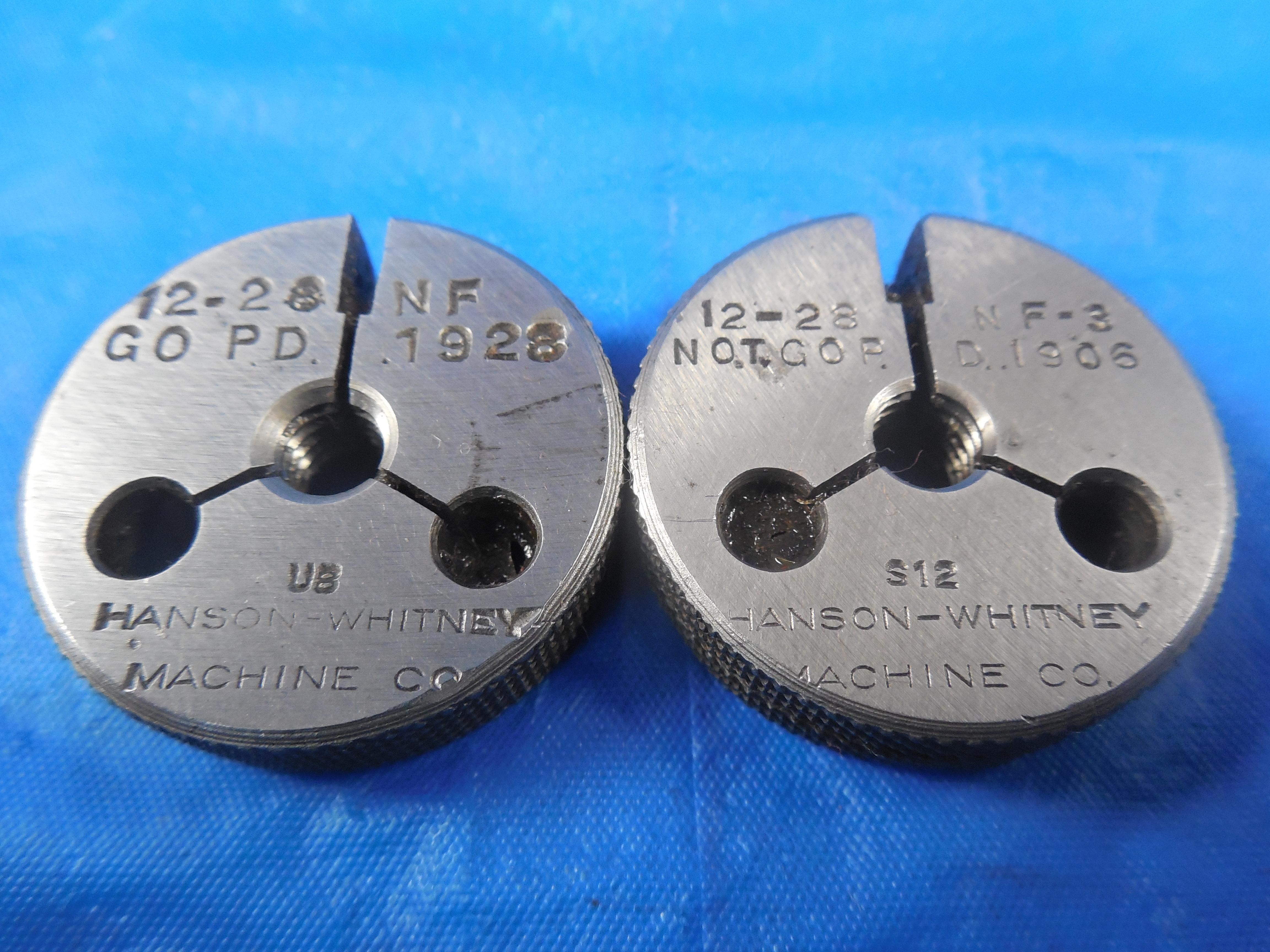 12 28 NF 3 THREAD RING GAGES #12 .216 GO NO GO P.D.'S = .1928 & .1906 QUALITY