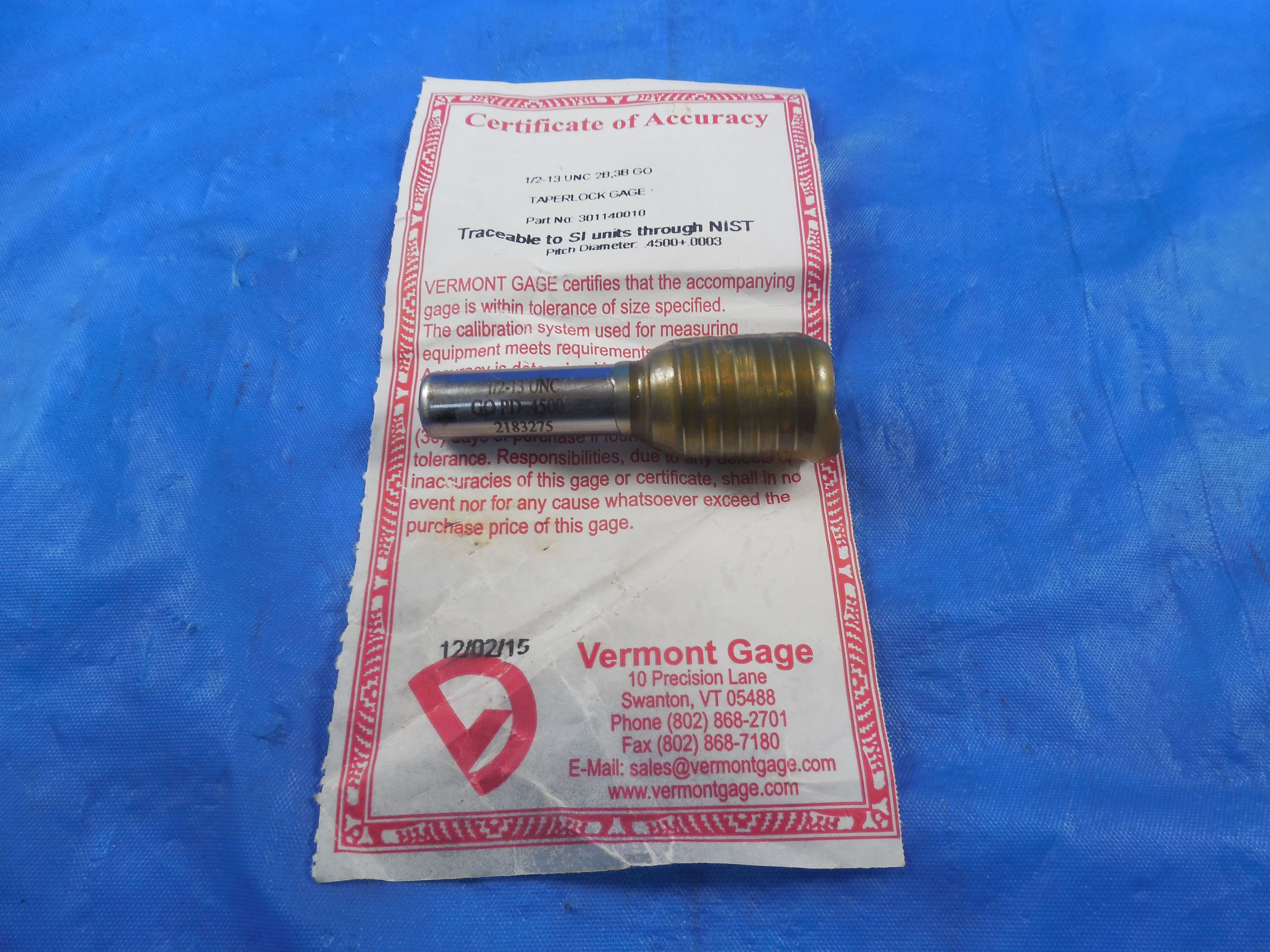 CERTIFIED VERMONT 1/2 13 UNC 2B & 3B THREAD PLUG GAGE .5 GO ONLY P.D. = .4500 | eBay