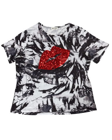 Pesion Black and White Abstract T-Shirt with Red Sequined Lips XXL